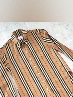 Burberry Tan, Black, White & Red Striped Button-Down Long-Sleeve Shirt Size 0